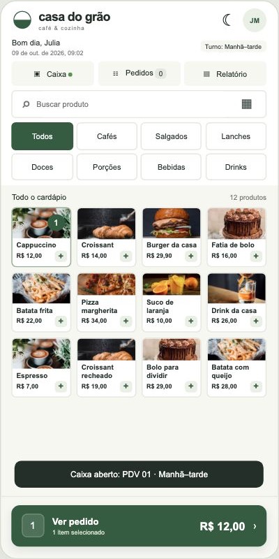 Tela real do protótipo Up PDV, com categorias, produtos quadrados e carrinho verde